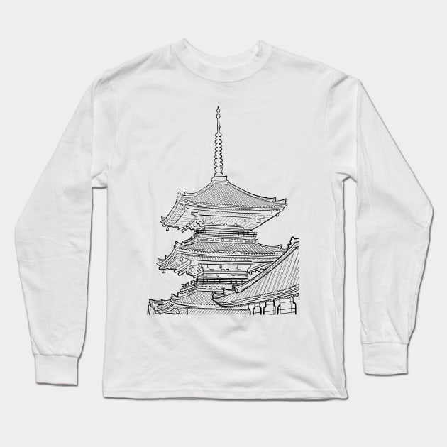 Black and White Japanese Landscape Sketch Long Sleeve T-Shirt by MariOyama